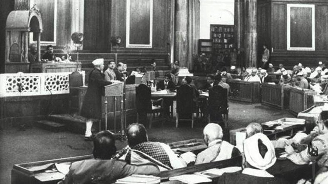 Jawaharlal Nehru and some other members of the Constituent Assembly of India during one of the early sittings of the Assembly